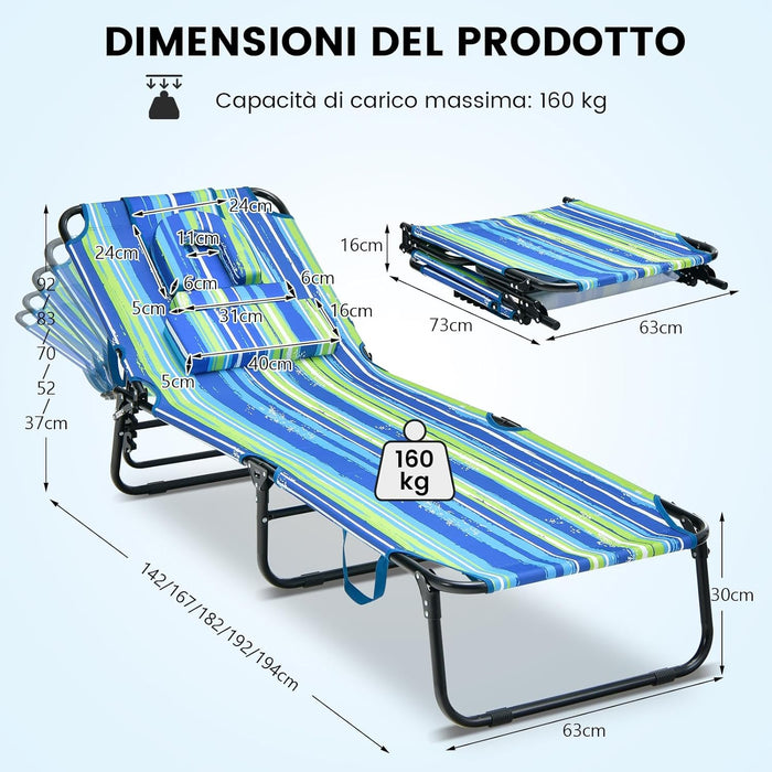 Lettino Prendisole Pieghevole con Foro per il Viso, 3 Cuscini Rimovibili e Schienale Regolabile in 5 Posizioni, Sdraio a Sdraio per Patio Prato Campeggio (Blu+Verde)