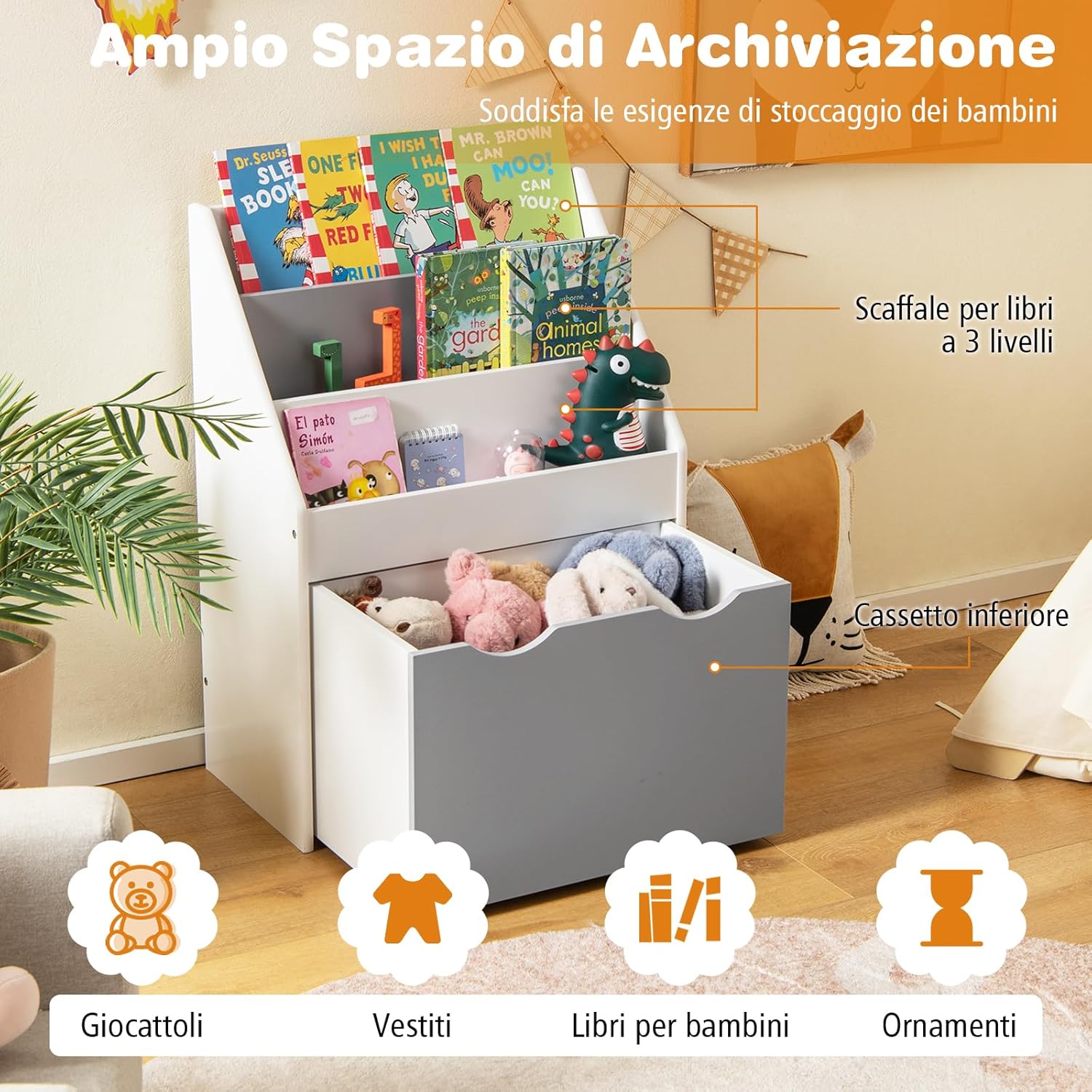 Scaffale per Bambini con 3 Ripiani e Scatola di Giocattoli, Libreria per Bambini e Bambine per Stanza dei Giochi, Soggiorno e Asilo, Grigio e Bianco