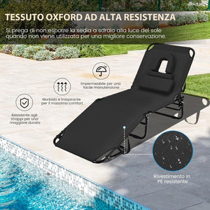 Lettino Prendisole con Foro per Viso, Sdraio da Spiaggia Pieghevole con Cuscini, Schienale Regolabile in 5 Posizioni, Lettino Portatile Portata 160 kg, 63 x 194 x 37 cm (Nero)