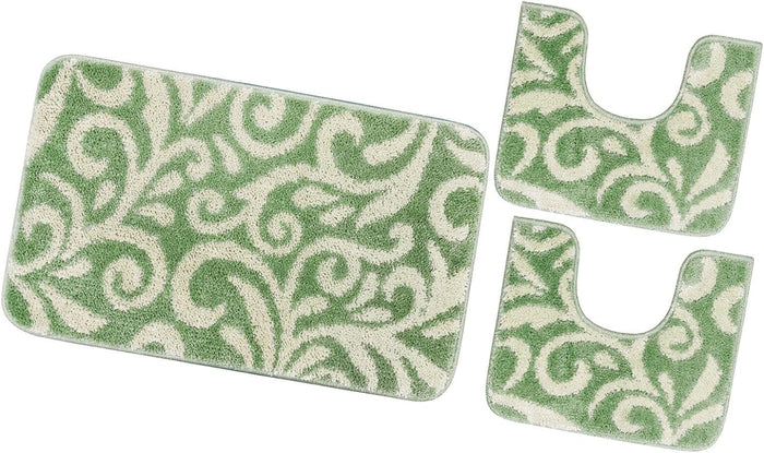 Tappeto Bagno Moderno Set 3 Pezzi Soffice Antiscivolo Lavabile Fantasia Fiori Verde