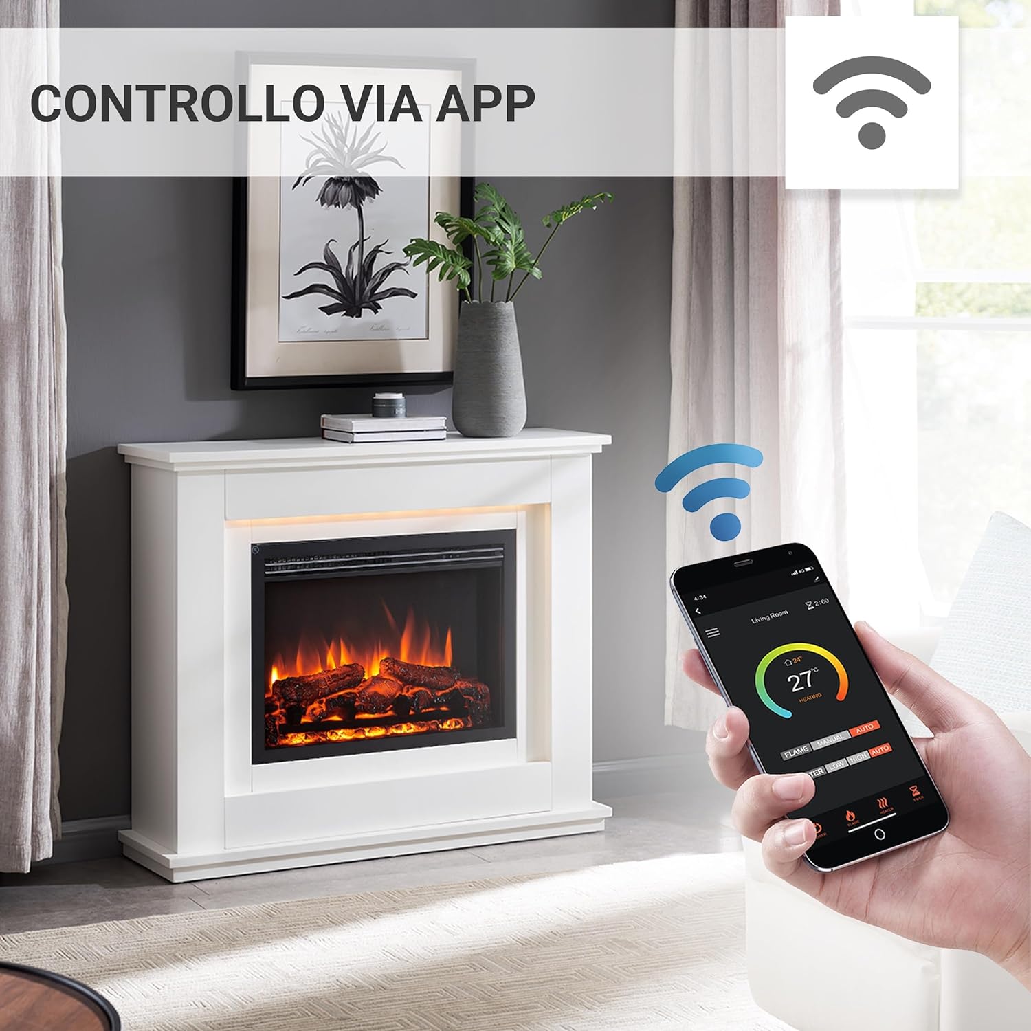 Camino elettrico da terra Baldur | Fuoco 3D, riscaldamento 2000W, wifi, crepitio, telecomando, timer, termostato |Bianco