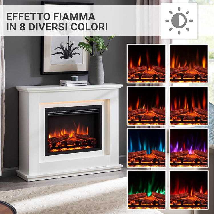 Camino elettrico da terra Baldur | Fuoco 3D, riscaldamento 2000W, wifi, crepitio, telecomando, timer, termostato |Bianco