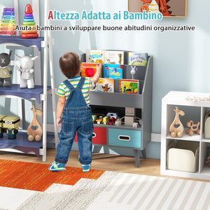 Libreria per Bambini, Scaffale in Legno per Bambini con 3 Ripiani, Scomparto Aperto e 2 Cassetti in Tessuto Pieghevoli, Organizzatore per Giocattoli, 63x30x97 cm (Grigio)