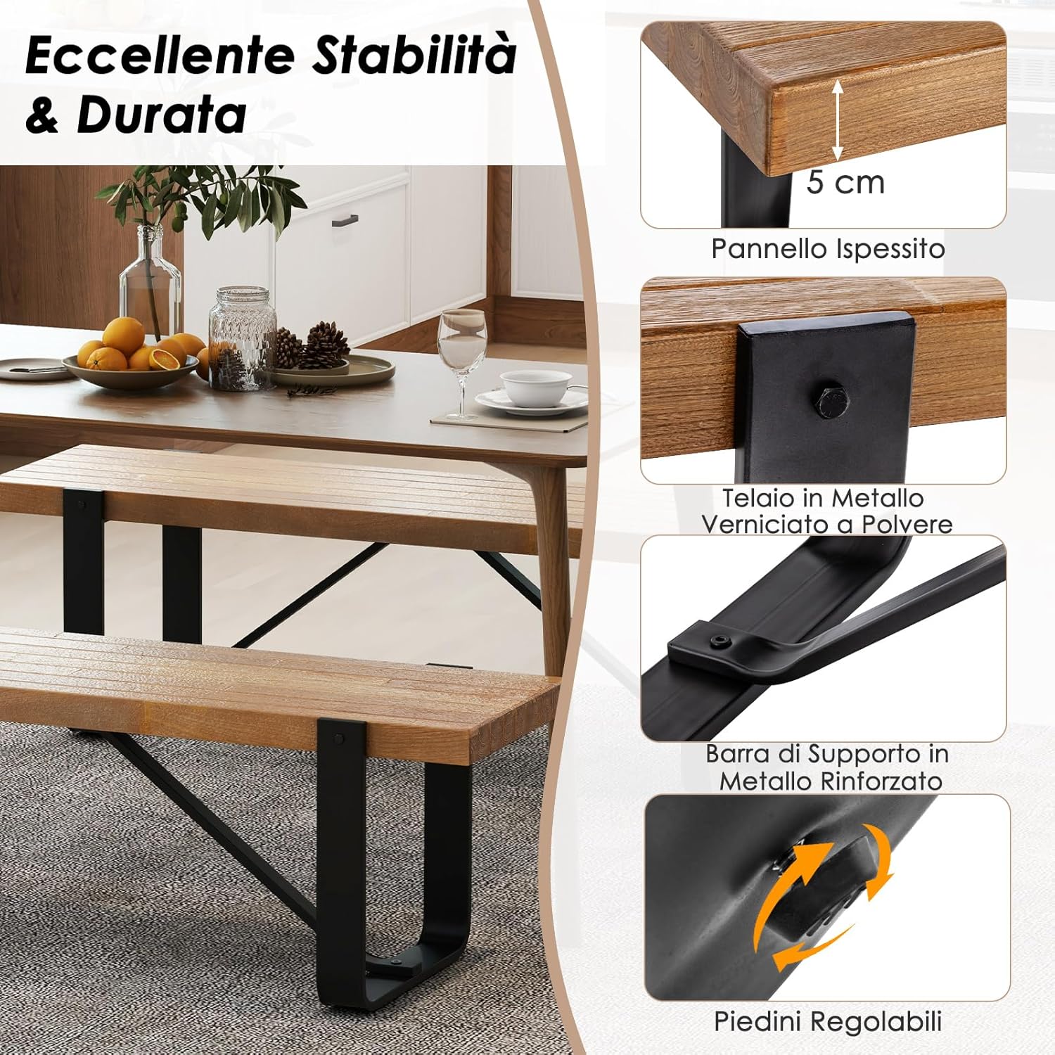 Panchina da Pranzo, Panchina per Ingresso da 152,5 cm, con Struttura in Metallo, Piedini Regolabili, Panchina per Corridoio, Portata 300 kg, 152,5 x 43 x 44 cm