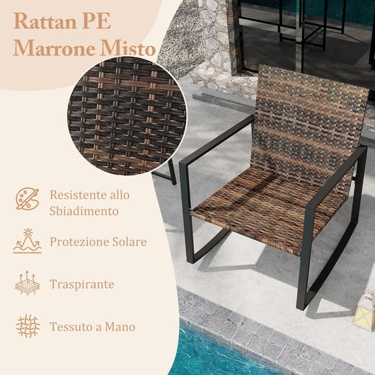 Set di 3 Sedie a Dondolo in Vimini, Set Conversazione con Cuscini e Tavolino in Vetro Temperato per Veranda Anteriore, Mobili da Patio per Giardino Balcone Piscina