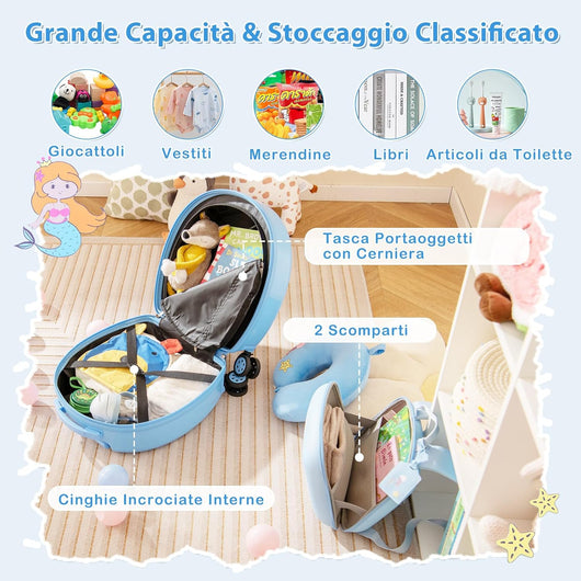 Set di Valiglie per Bambini, Set da 4 Pezzi con Trolley, Zaino, Cuscino per Collo ed Etichetta per Bagaglio, Valigia a Mano da Viaggio con Ruote Universale e Maniglia Regolabile (Sirena)