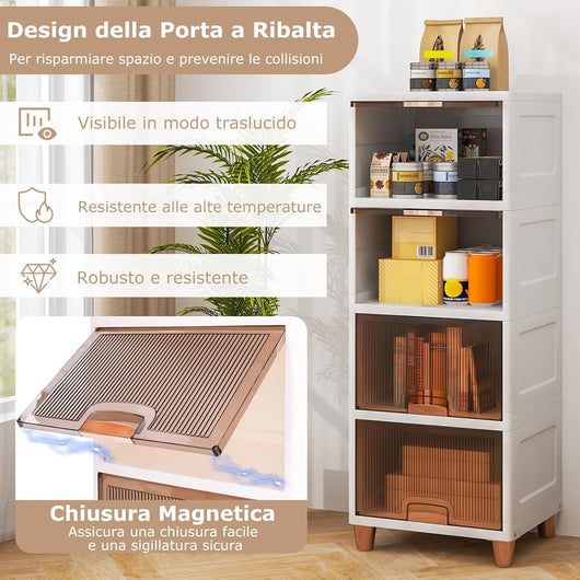 Contenitori Impilabili a 4 Livelli, 150L Scatole di Stoccaggio con Coperchio e Porte Magnetiche, Set da 4 Contenitori in Plastica per Camera da Letto Soggiorno Cucina, 45x38x117 cm