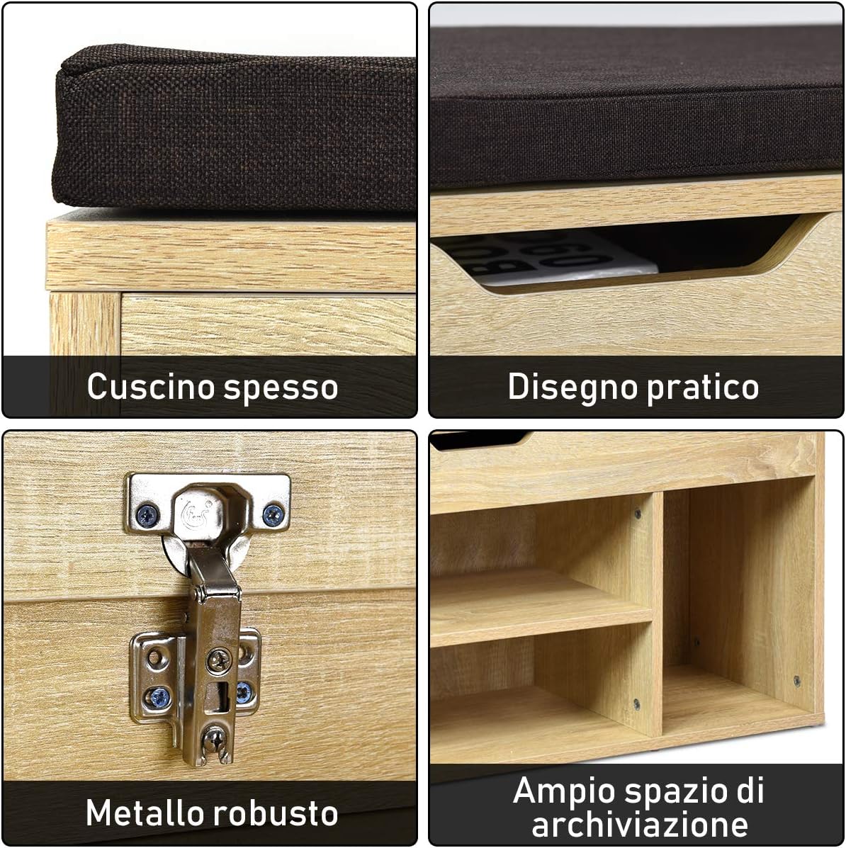 Panca Scarpiera, 103,5 x 48 x 30 cm, Panca Porta Scarpe con tappeto morbido rimovibile e L’unità Contenitore, spazio per 9 paia di scarpe, Colore Naturale Legno