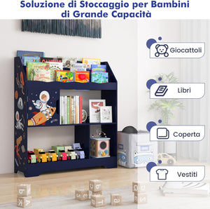 3 in 1 Libreria per Bambini, Mobile Portagiochi Multiuso con Anta e 3 Vani Aperti, Scaffale per Giocattoli per Cameretta Soggiorno Asilo Scuola Materna, 93x30x100 cm(Blu)