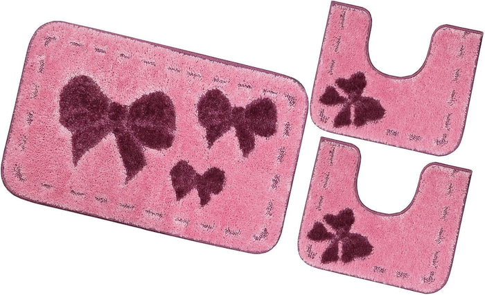 Tappeto Bagno Fiocchi Parure Set 3 Pezzi Morbido Soffice Assorbente Antiscivolo Lavabile Rosa