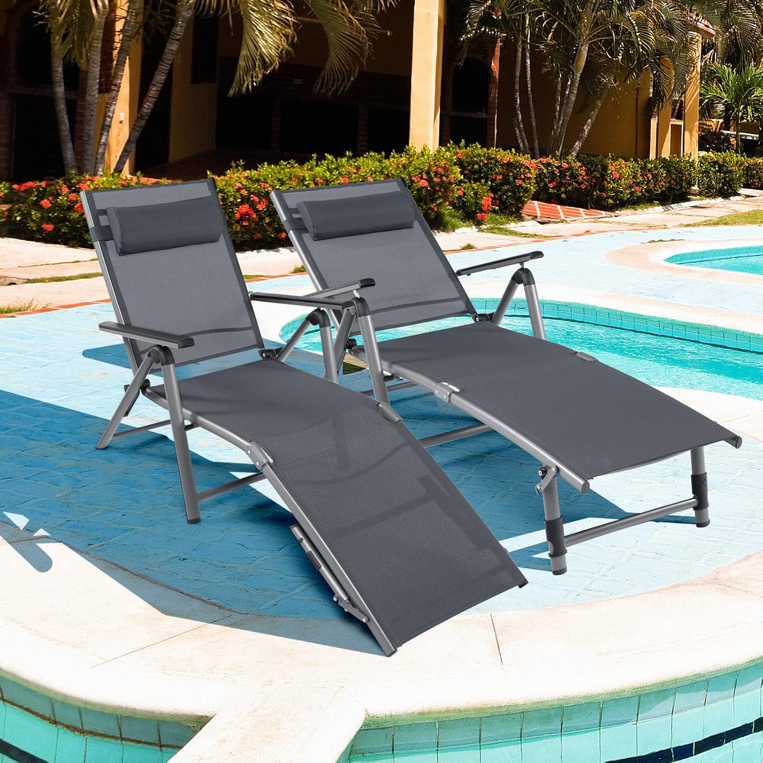 Lettino a Sdraio in Alluminio per Esterno, Chaise Longue da Esterno Regolabile con Schienale a 6 Posizioni, Ideale per Piscina, Spiaggia e Patio, Nero