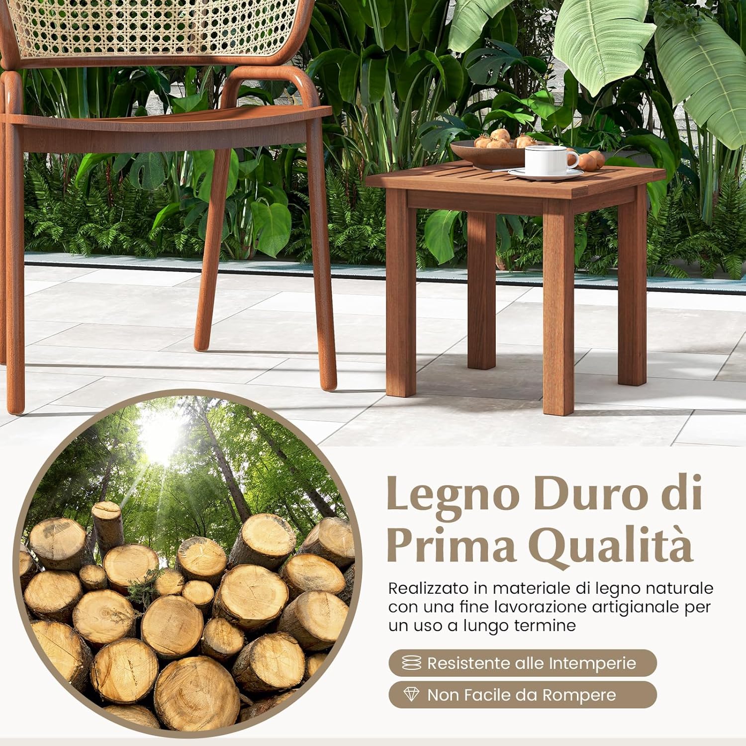 Tavolino Laterale in Legno per Patio, Tavolino da Esterno Quadrato con Piano a Doghe, Tavolino da Caffè per Esterni, Interni, Naturale, 44,5 x 44,5 x 43 cm