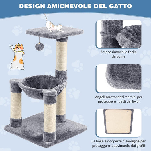 Tiragraffi per Gatti, Albero Tiragraffi Gatto con Amaca, Piattaforma, Tiragraffi in Sisal e Pallina, Tiragraffi da Divano in Legno per Gatti Piccoli, 40 x 40 x 64 cm (Grigio)