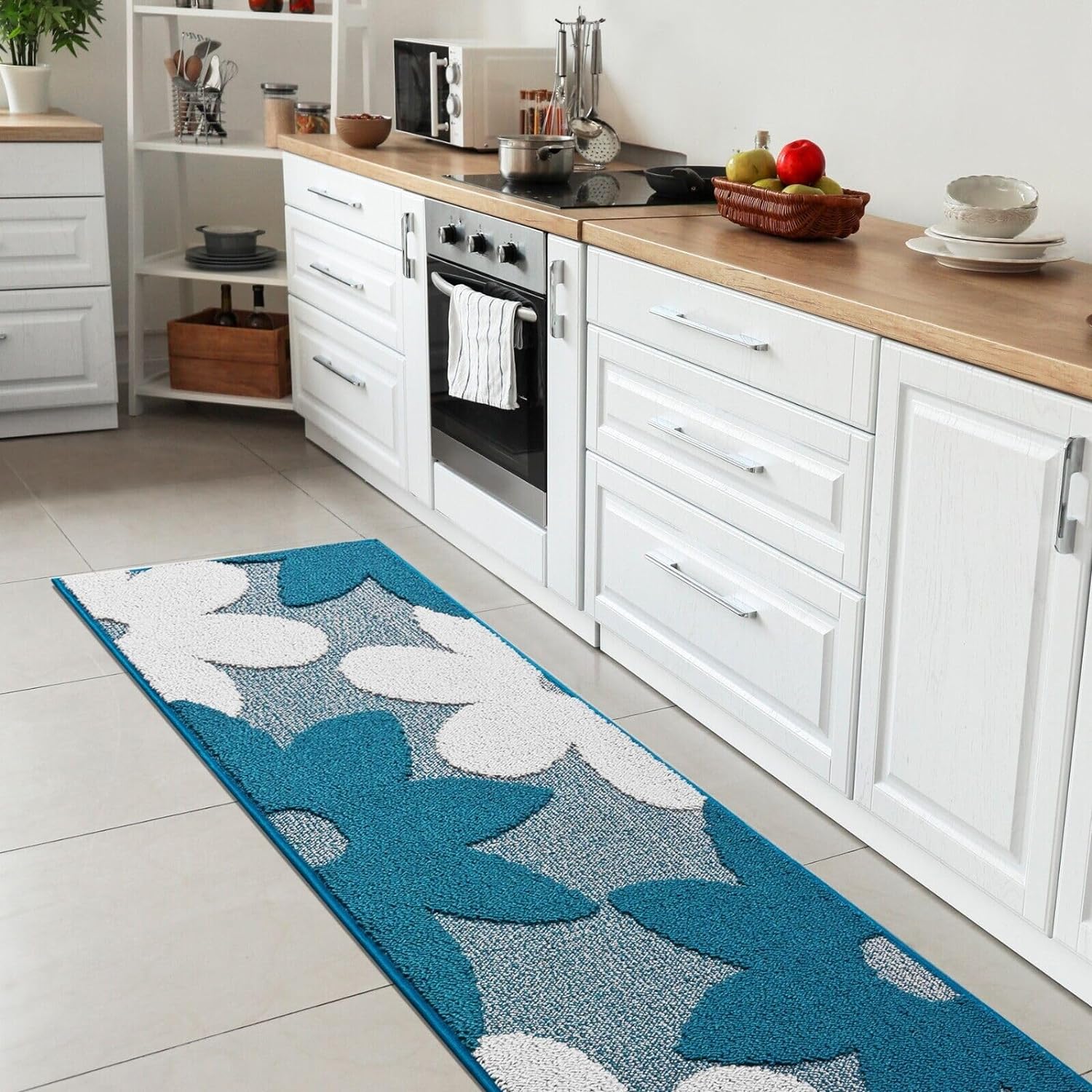 Tappeto Cucina 3D Fiore 57x40 cm Tridimensionale Morbido Moderno Passatoia Antiscivolo Blu