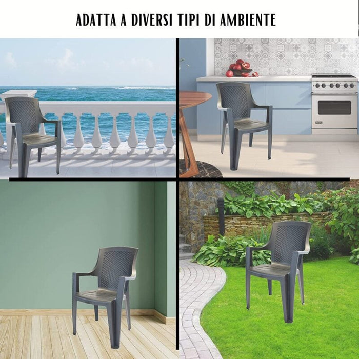 Sedia da giardino set 6 sedie in plastica effetto rattan schienale alto e braccioli impilabili colore antracite Tomaino