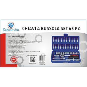 SET 45pz CHIAVI A BUSSOLA ESAGONALI 1/4" INSERTI PUNTE MAGNETICHE CRICCHETTO EURONOVITA'