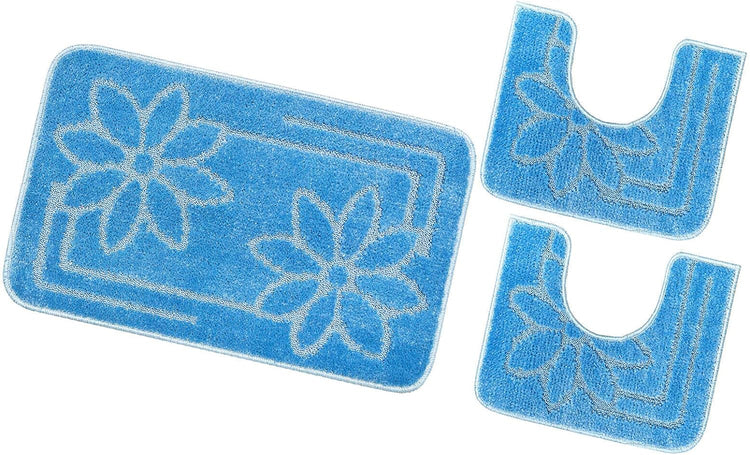 Tappeto Bagno Set 3 Pezzi Tinta Unita Antiscivolo Assorbente Girowater Fiori Made In Italy Azzurro