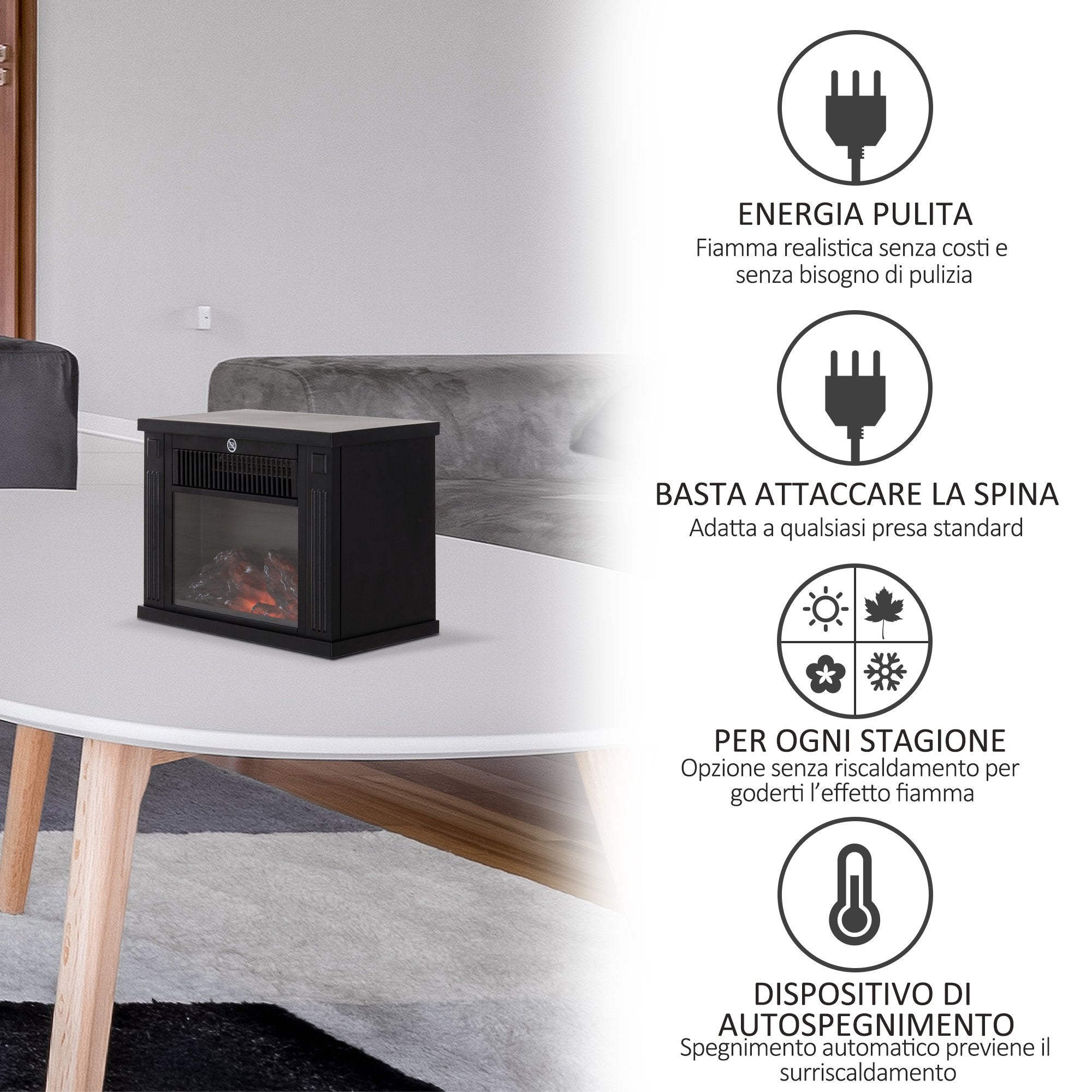 Camino Elettrico da Terra Effetto Fiamma 600W/1200W Nero