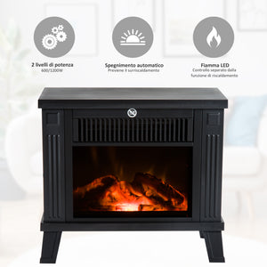 Easycomfort Camino Elettrico da Terra Moderno Potenza 600W/1200W con Effetto Fiamma 34 x 17 x 31cm Nero