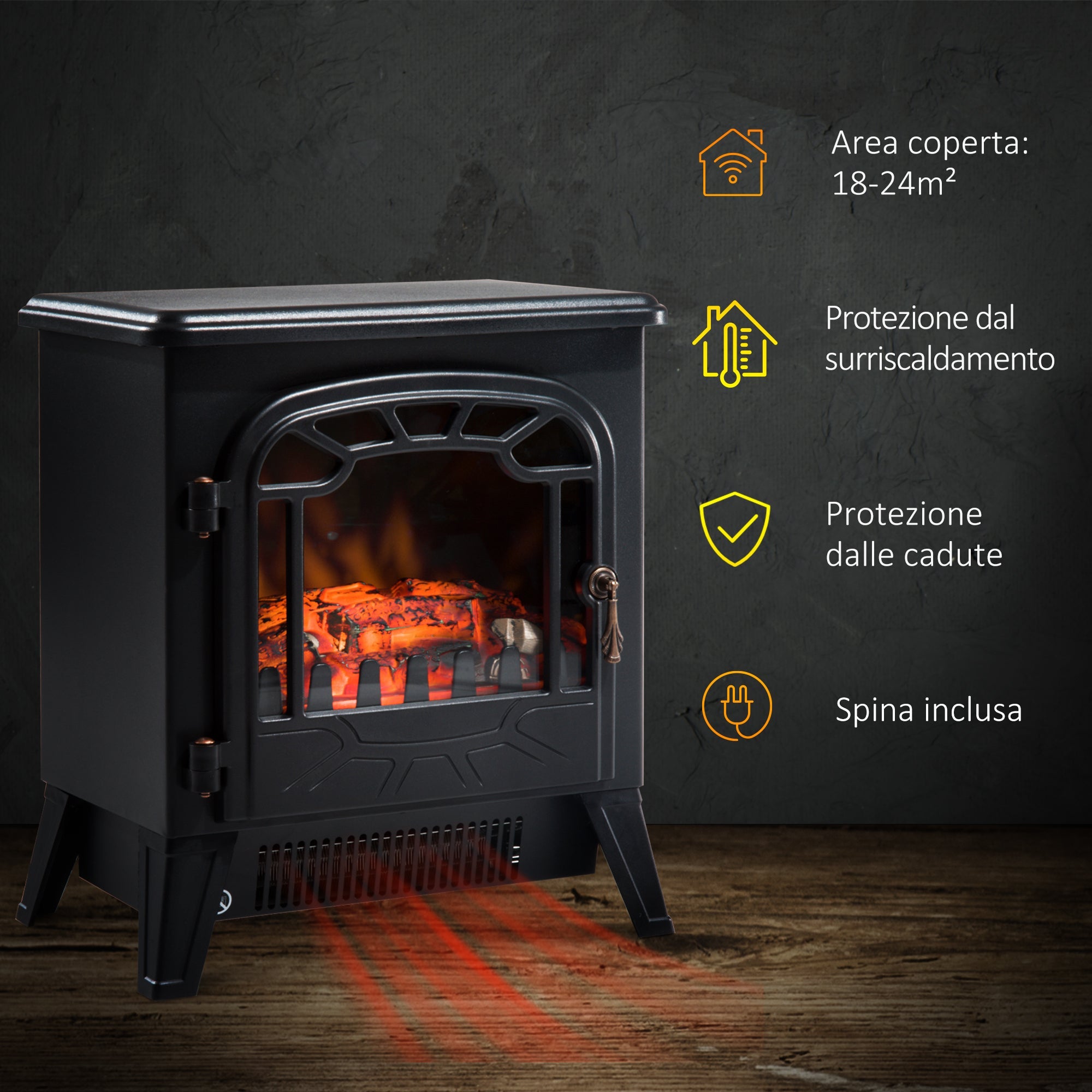 Camino Elettrico da Terra Effetto Fiamma 1800W Nero