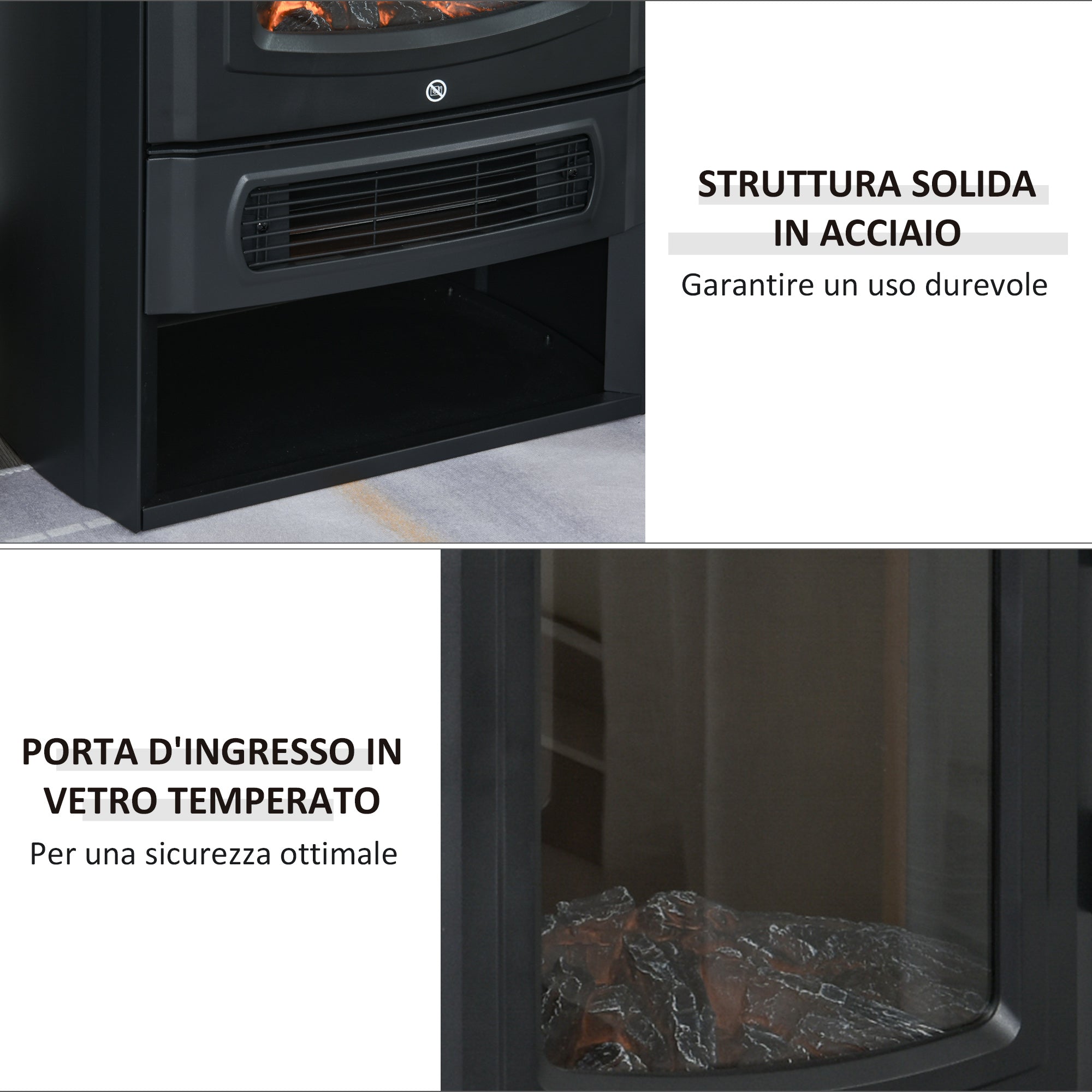 EasyComfort Camino Elettrico in Acciaio Nero con Fiamma Realistica Riscalda fino a 20-25㎡, 1000W/2000W