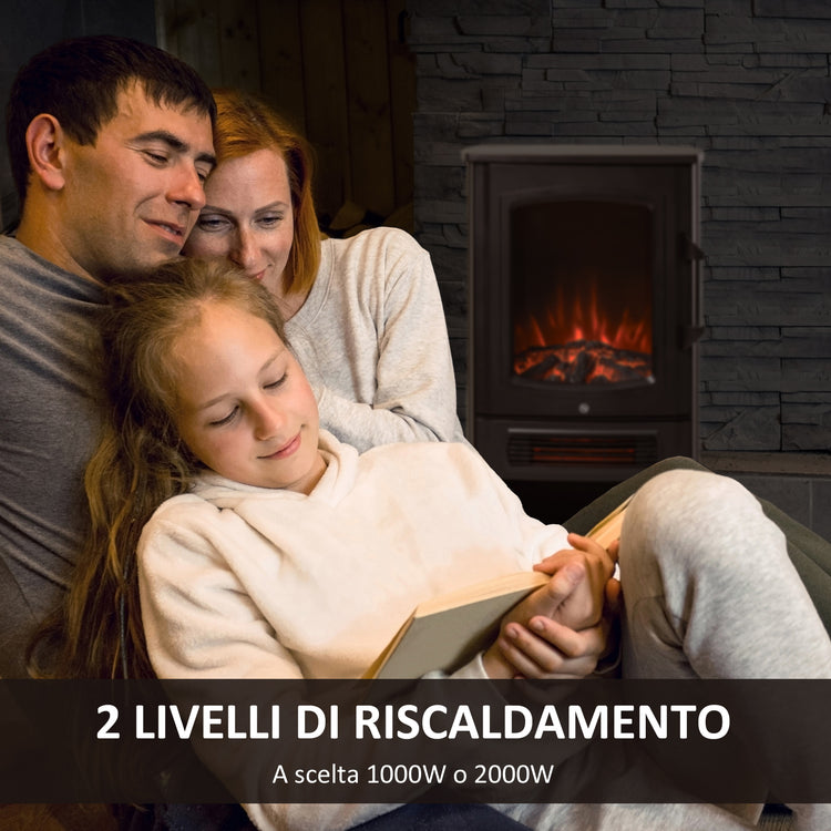 EasyComfort Camino Elettrico in Acciaio Nero con Fiamma Realistica Riscalda fino a 20-25㎡, 1000W/2000W