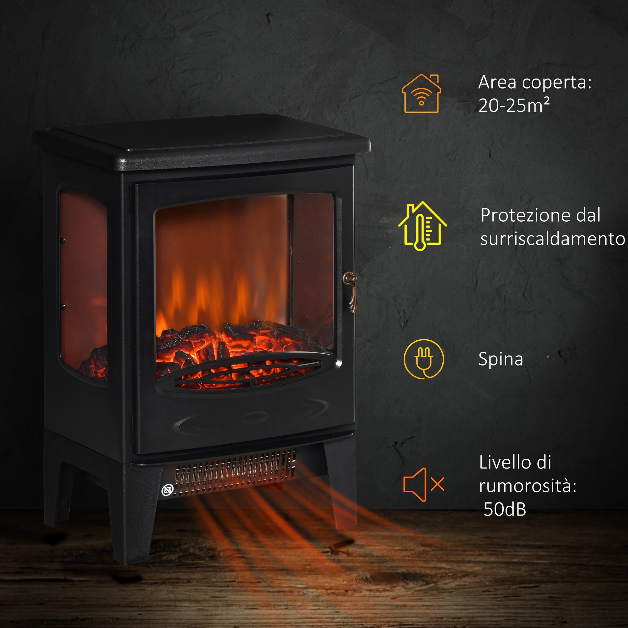 EasyComfort Camino Elettrico Effetto Fiamma e 3 Lati Aperti Temperatura Regolabile Copertura 20-25m² - Nero