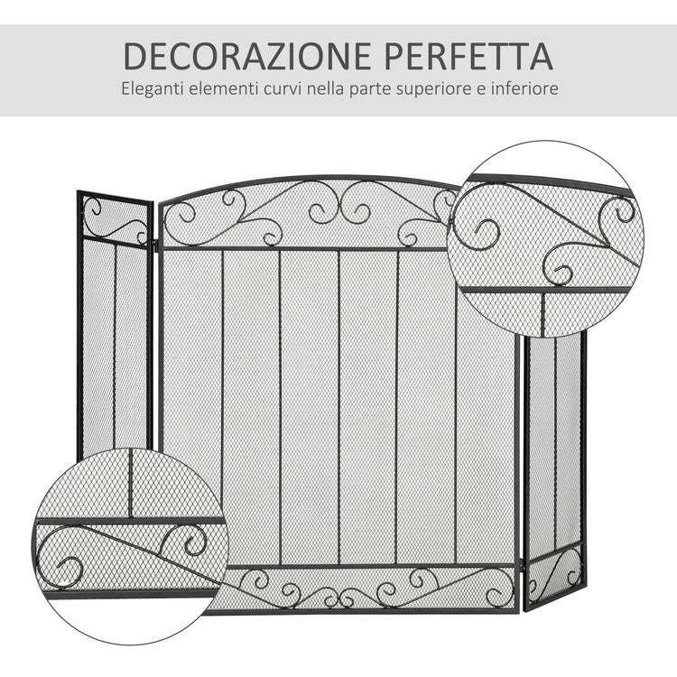 EasyComfort Parascintille Caminetto con 3 Pannelli Pieghevoli in Metallo e Acciaio Nero 105x1.6x80.5cm