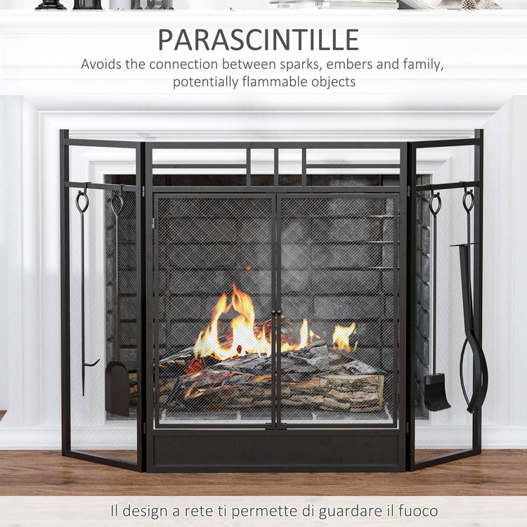 EasyComfort Parascintille Camino Moderno, Parafuoco Pieghevole con 2 Porte in Metallo Nero, 122x1.6x80cm