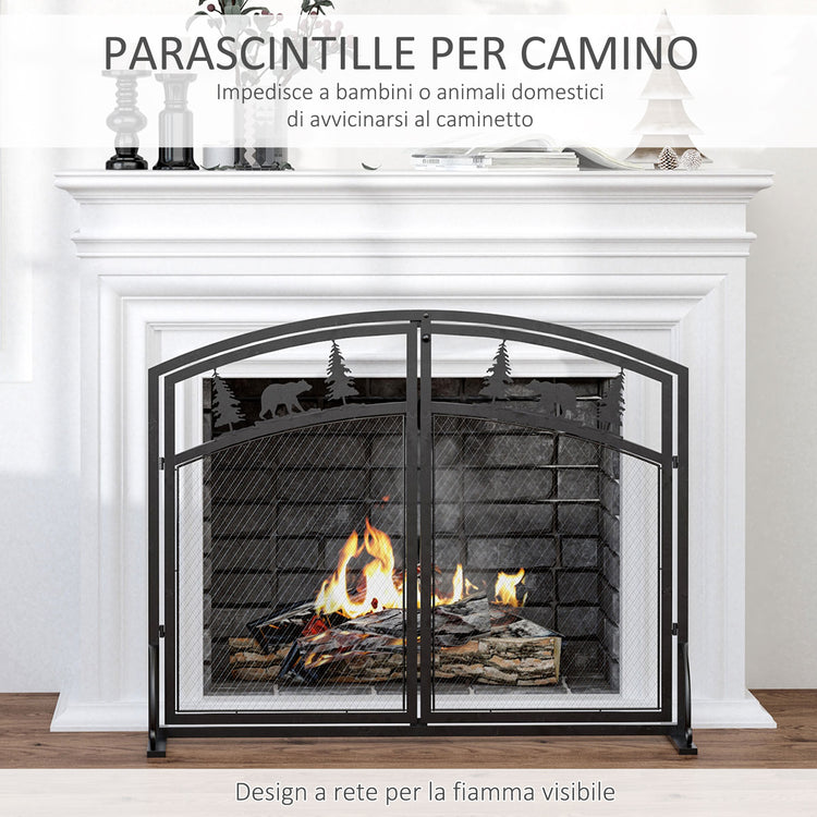 EasyComfort Parascintille per Camino in Metallo con 2 Porte e Decorazioni Natalizie, 99x35x80 cm, Nero