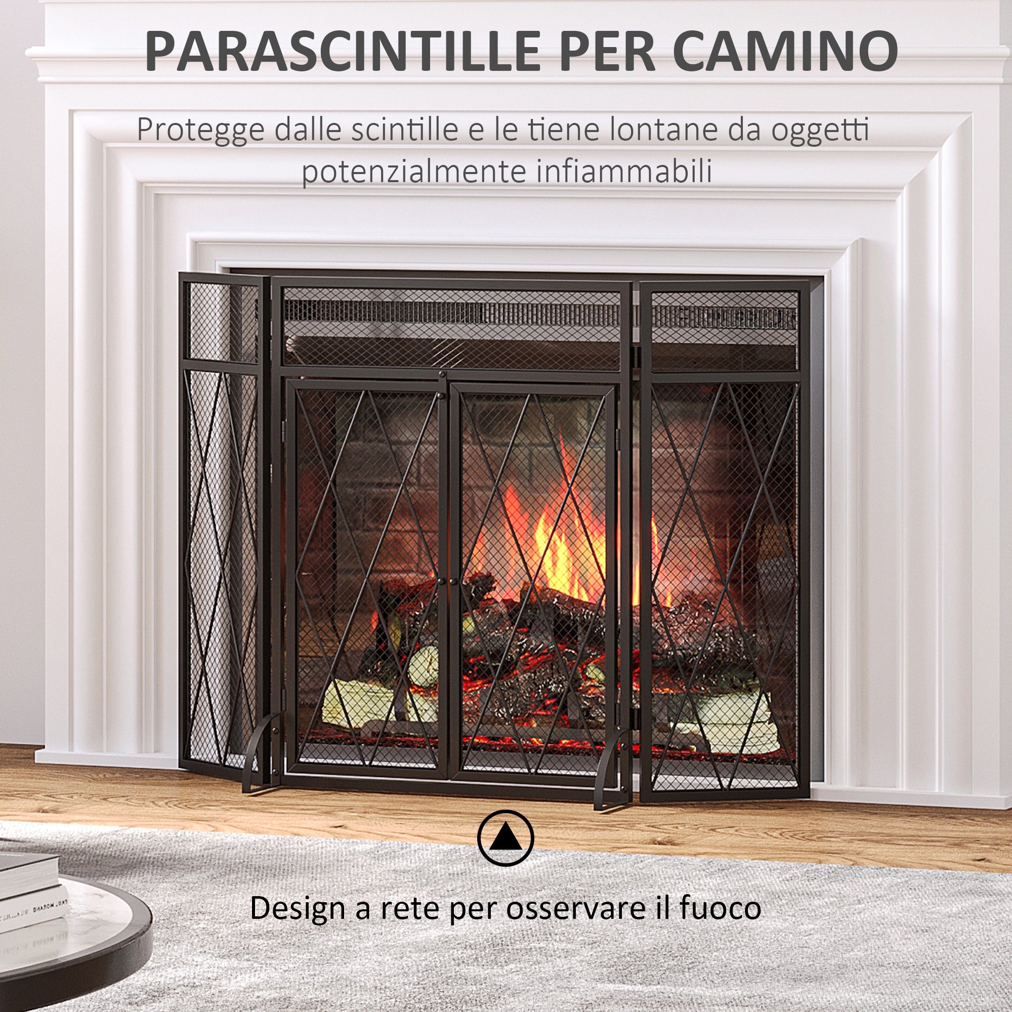 Easycomfort Parascintille per Camino in Metallo con 3 Pannelli Pieghevoli, 120x11.5x79 cm, Nero