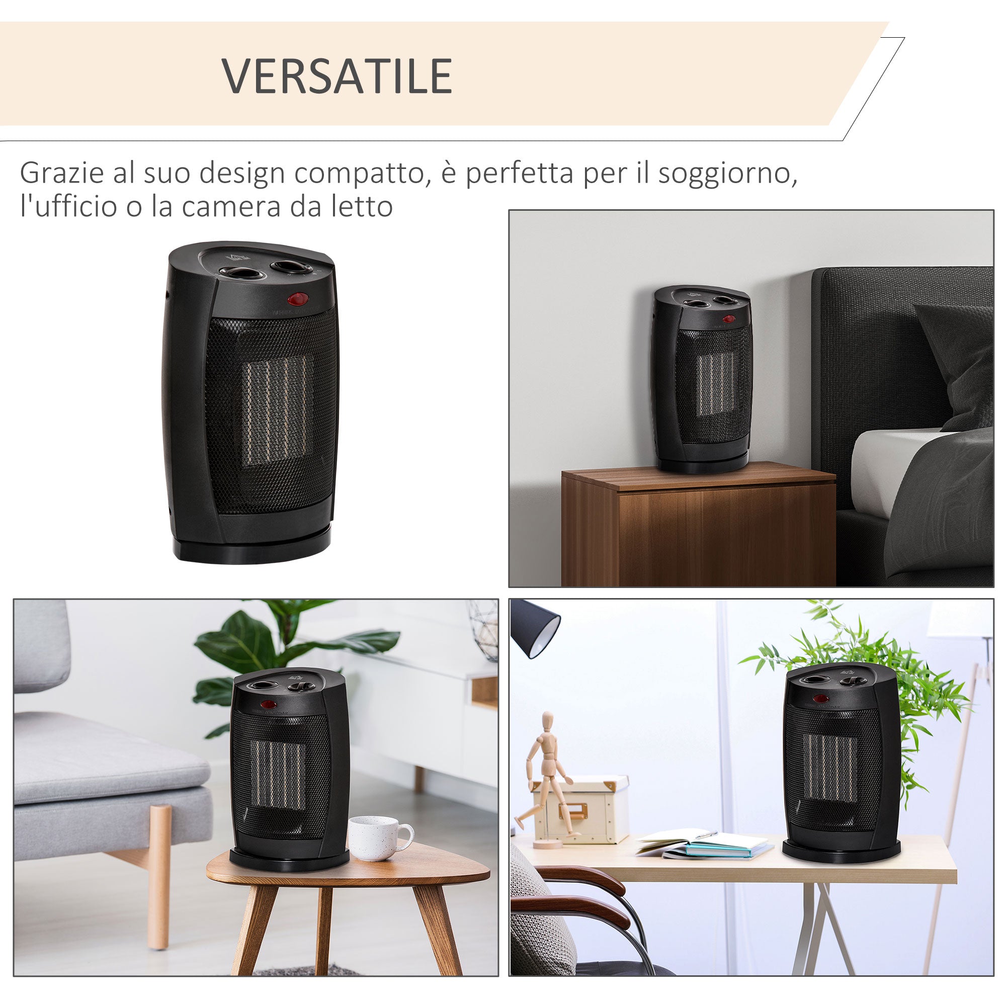 EasyComfort Stufetta Elettrica Ceramica Oscillante a 60°, Aria e Temperatura Regolabili 6-38°C, Potenza 900W/1500W, 19.5x14.8x28cm, Nero