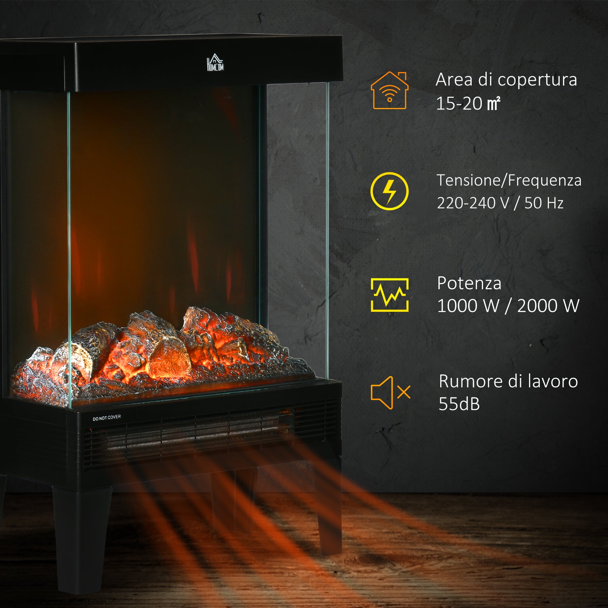 EASYCOMFORT  Camino Elettrico 1000W / 2000W con Fiamma LED Realistica e Controllo Temperatura, 40.5x20x62 cm, Nero