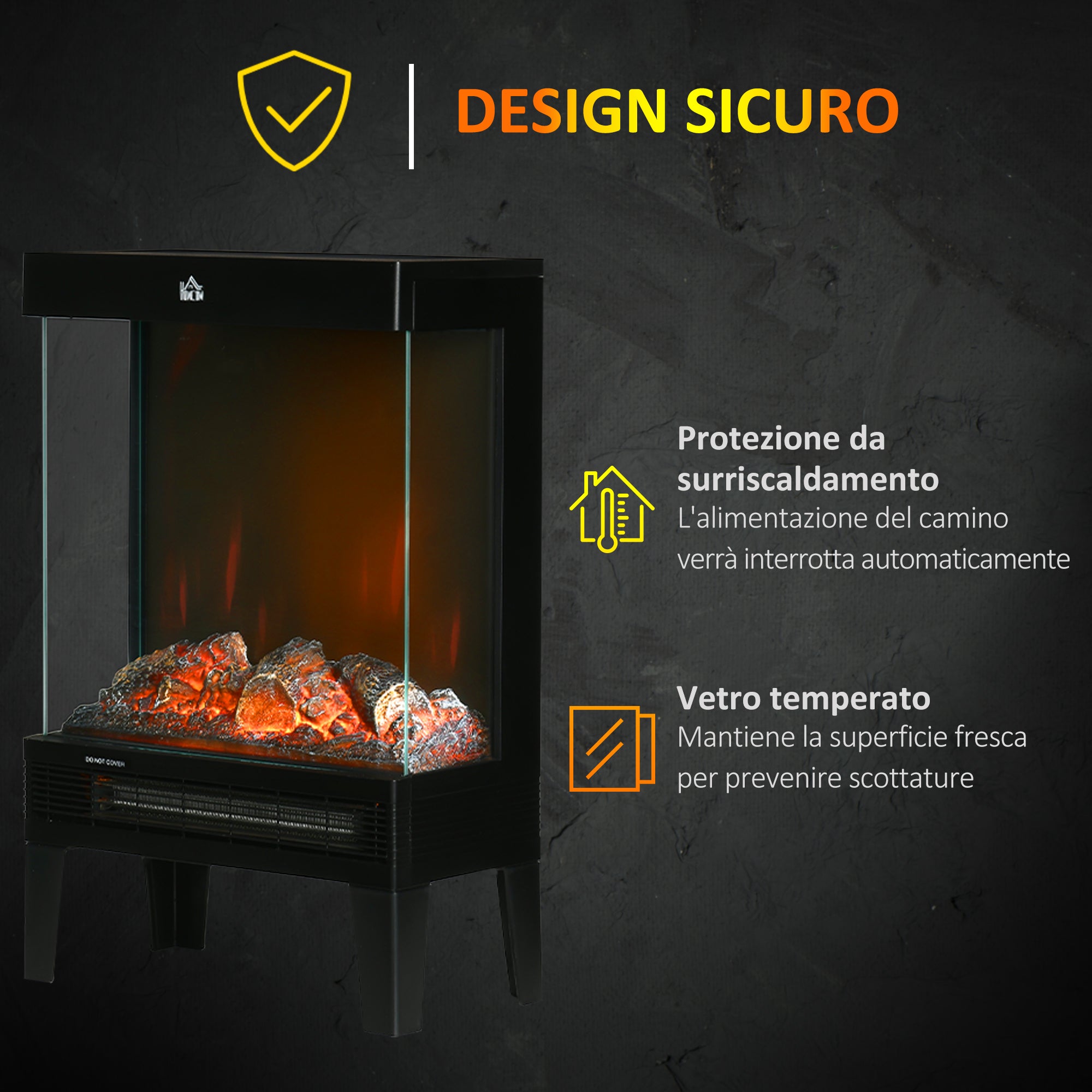 EASYCOMFORT  Camino Elettrico 1000W / 2000W con Fiamma LED Realistica e Controllo Temperatura, 40.5x20x62 cm, Nero