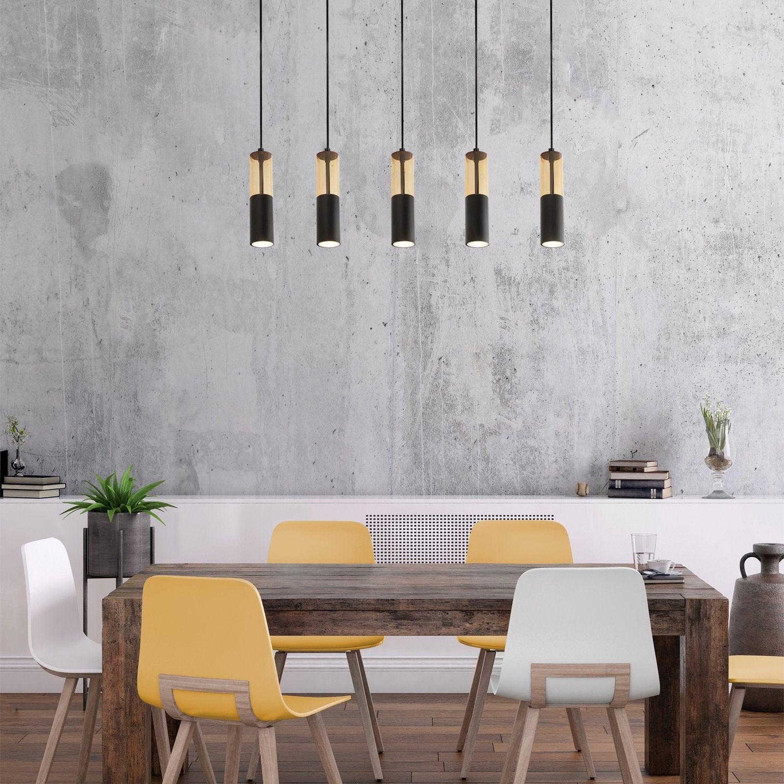 Lampadario Moderno Merrygold Acciaio Nero Ambra 5 Luci Gu10