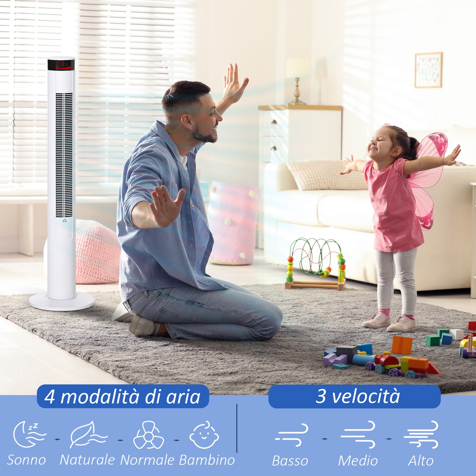 EasyComfort Ventilatore a Colonna con 3 Velocità e 4 Modalità, Timer di 12h, Pannello LED e Telecomando, Bianco