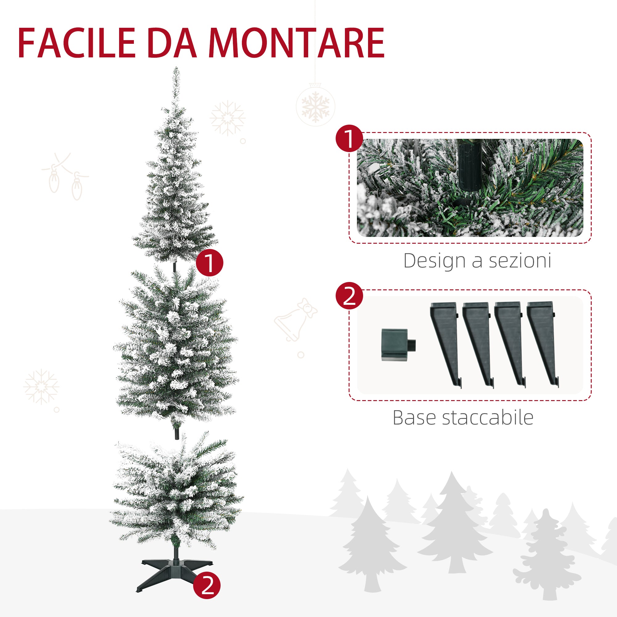 Easycomfort Albero di Natale Artificiale Innevato 180cm con Rami 390, Base Rimovibile Decorazioni Natalizie