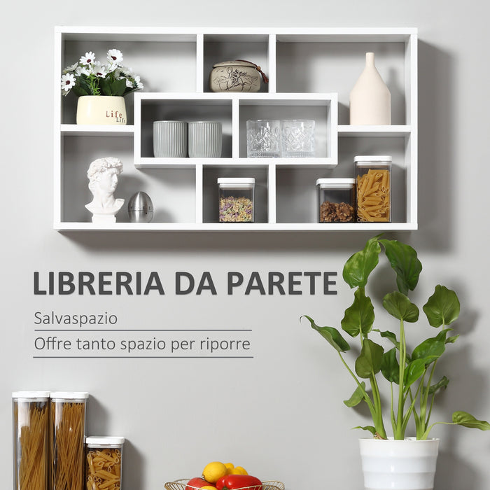 Easycomfort Pensile Libreria da Parete Sospesa 8 Vani in 3 Diverse Dimensioni, Mensola da Muro Design Antiribaltamento Pannelli di Truciolare Bianco 85x14.5x47.5cm Capacità: 20kg