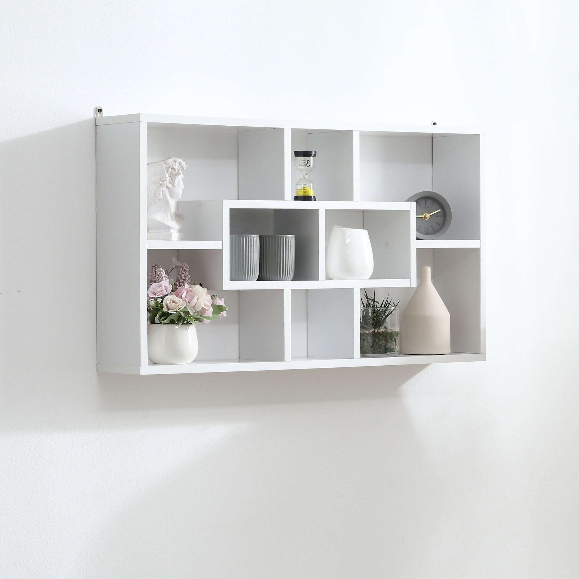 Easycomfort Pensile Libreria da Parete Sospesa 8 Vani in 3 Diverse Dimensioni, Mensola da Muro Design Antiribaltamento Pannelli di Truciolare Bianco 85x14.5x47.5cm Capacità: 20kg