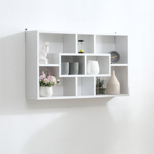 Easycomfort Pensile Libreria da Parete Sospesa 8 Vani in 3 Diverse Dimensioni, Mensola da Muro Design Antiribaltamento Pannelli di Truciolare Bianco 85x14.5x47.5cm Capacità: 20kg