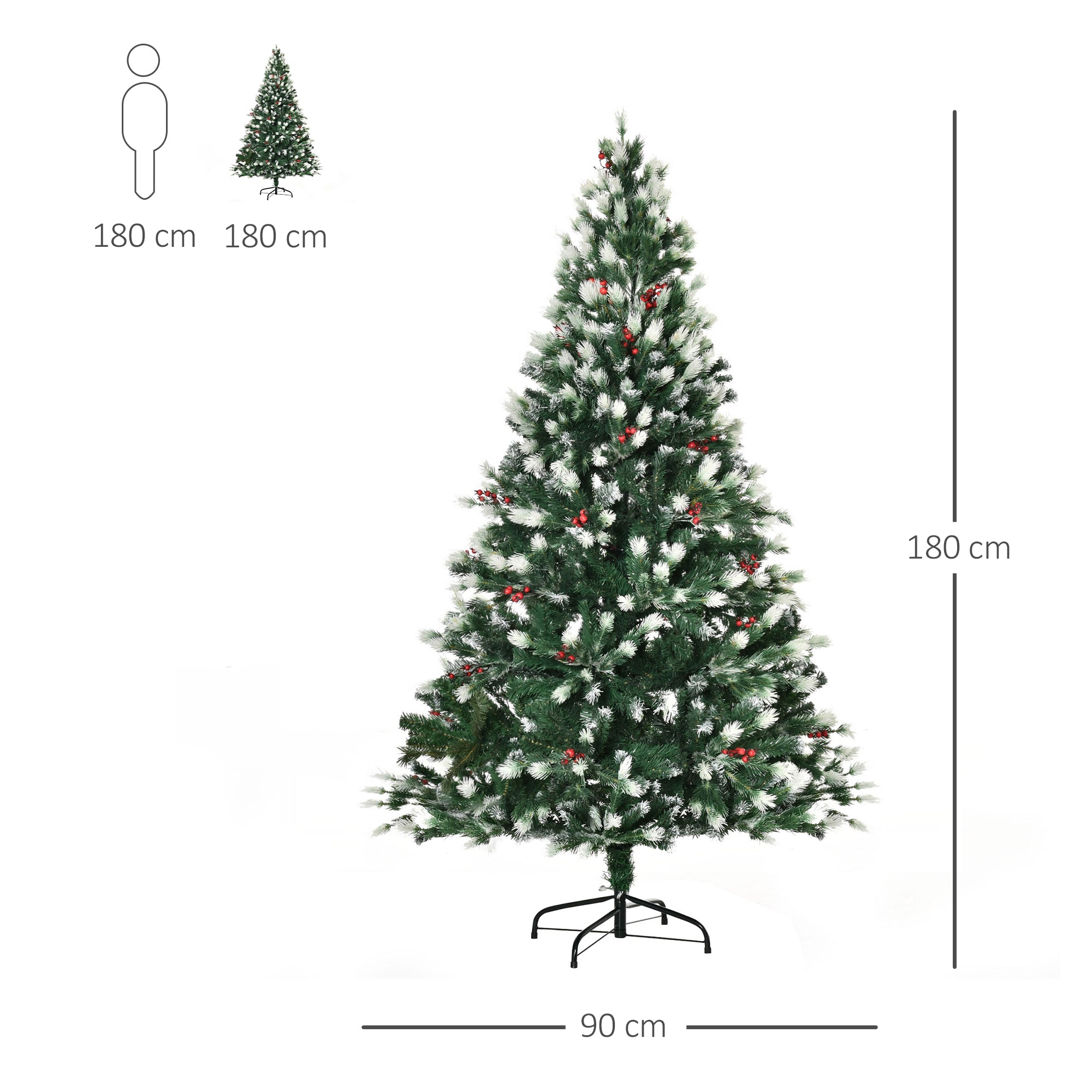 Easycomfort Albero di Natale Innevato 180cm con Rami Folti, Bacche Rosse, Base Pieghevole e Rimovibile