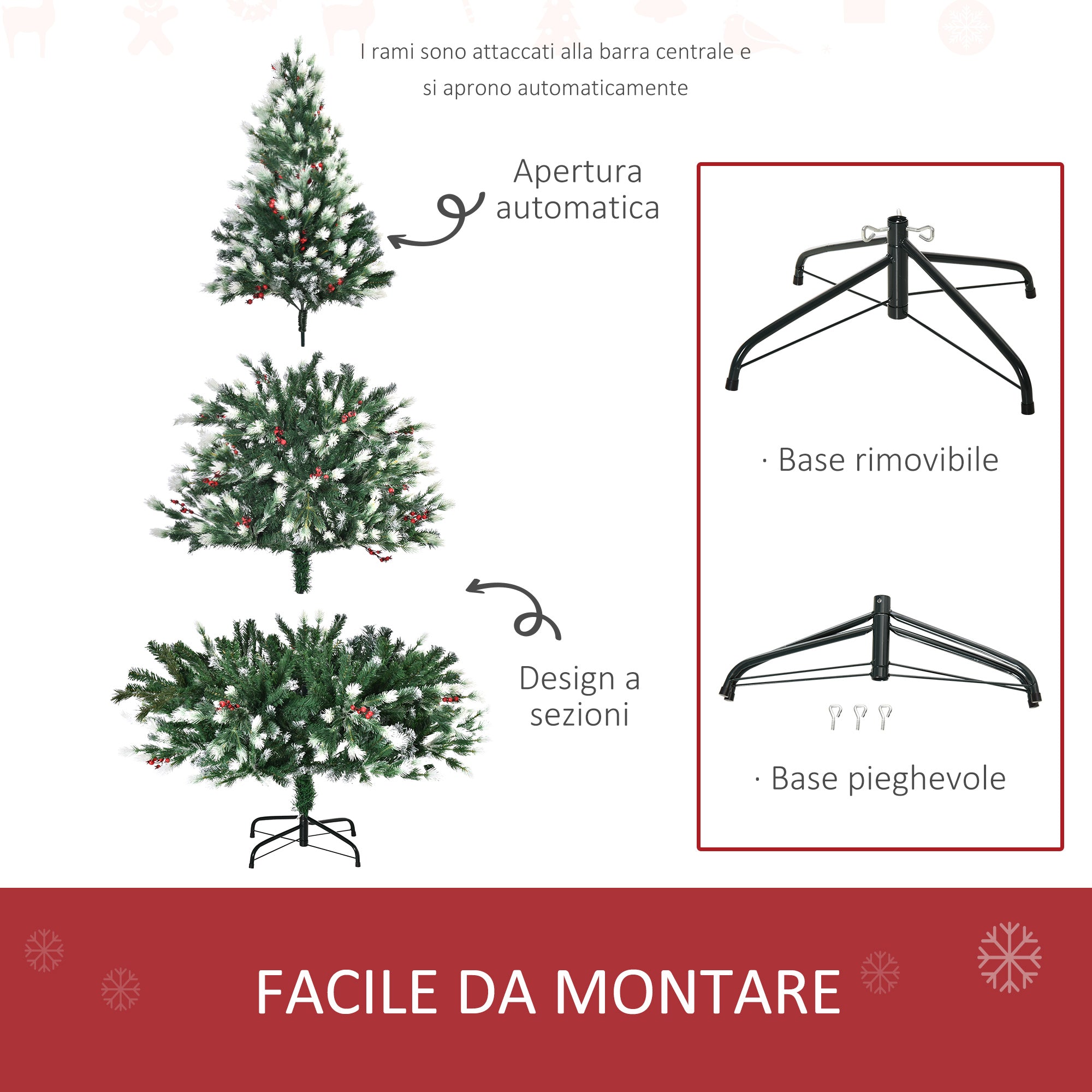 Easycomfort Albero di Natale Innevato 180cm con Rami Folti, Bacche Rosse, Base Pieghevole e Rimovibile