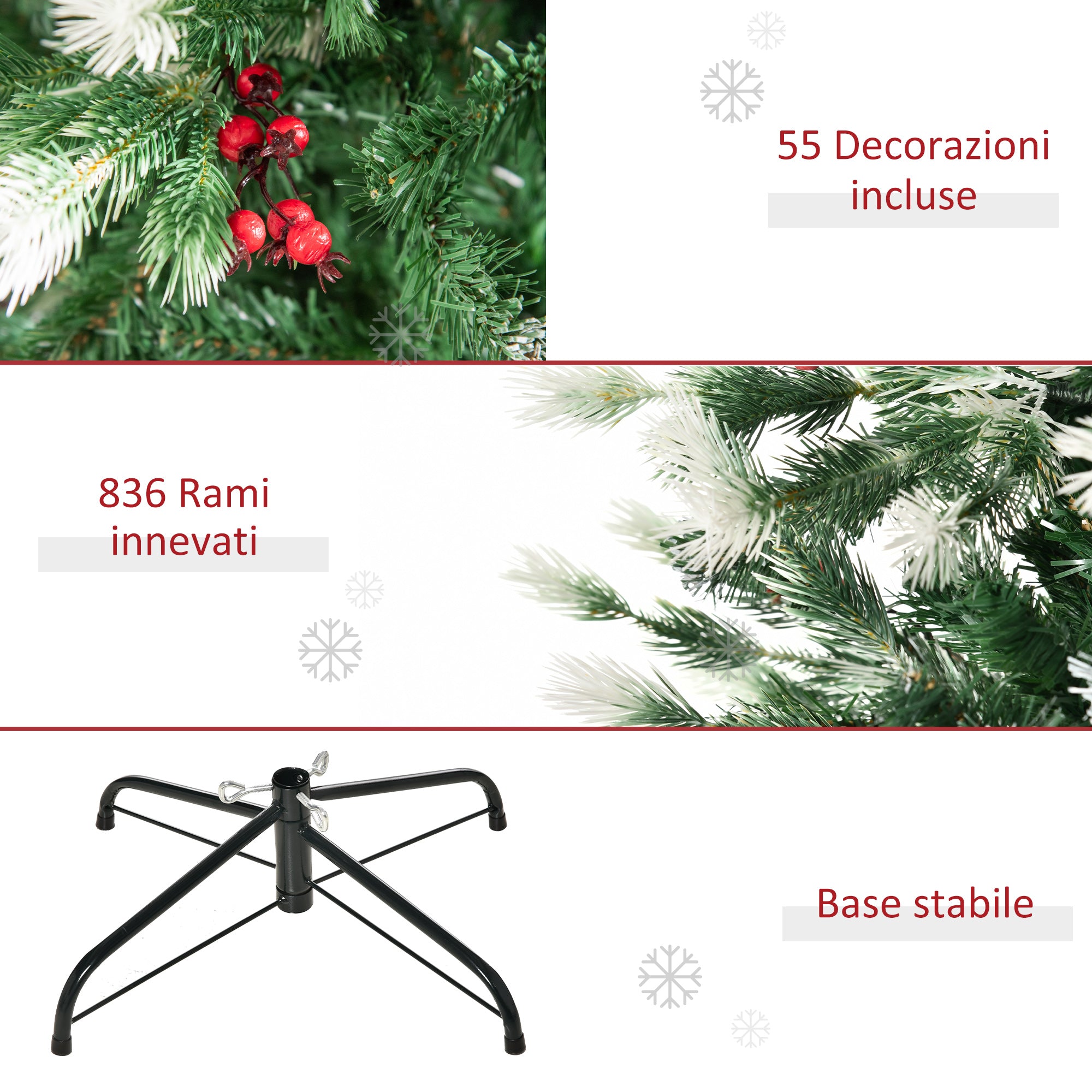 Easycomfort Albero di Natale Innevato 180cm con Rami Folti, Bacche Rosse, Base Pieghevole e Rimovibile