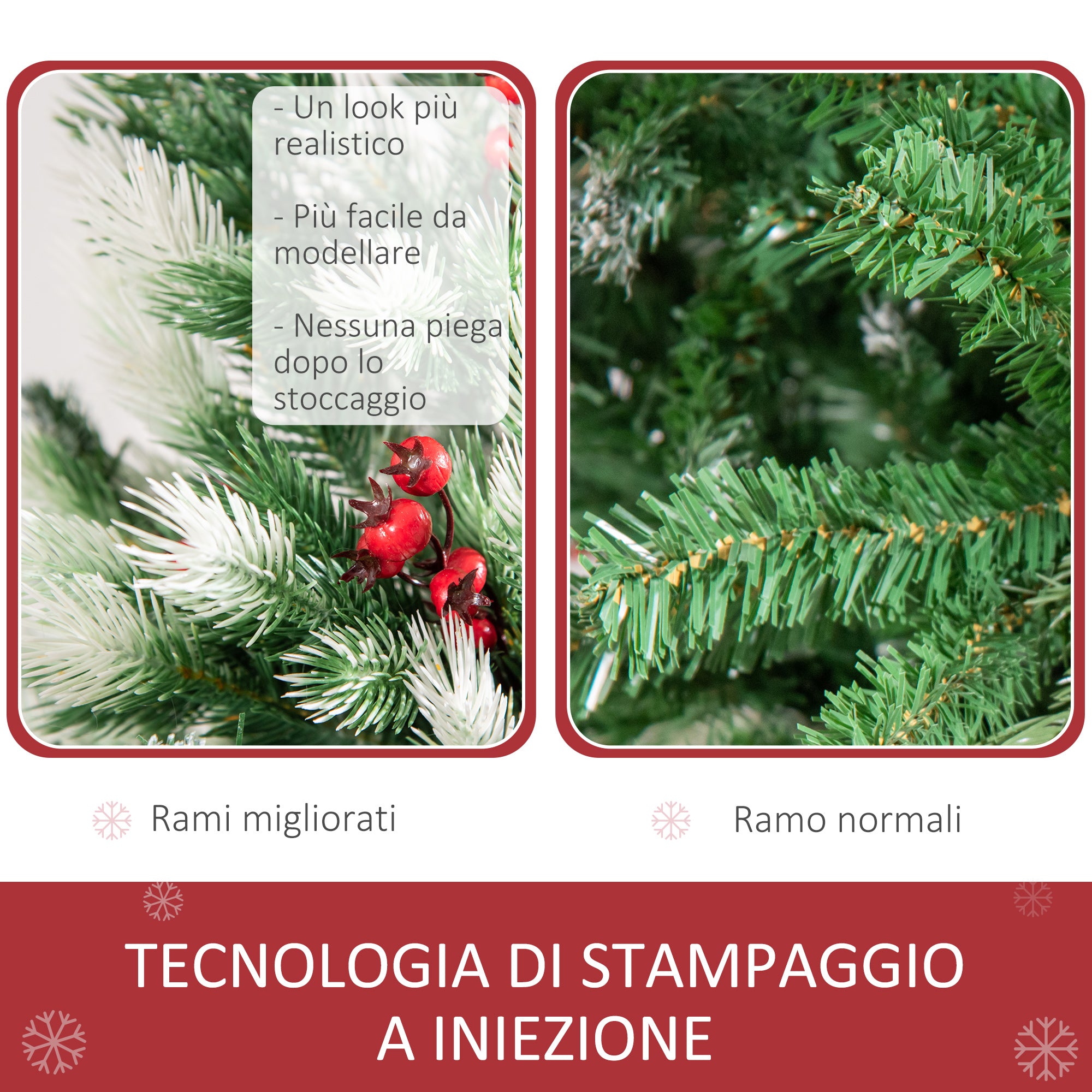 Easycomfort Albero di Natale Innevato 180cm con Rami Folti, Bacche Rosse, Base Pieghevole e Rimovibile