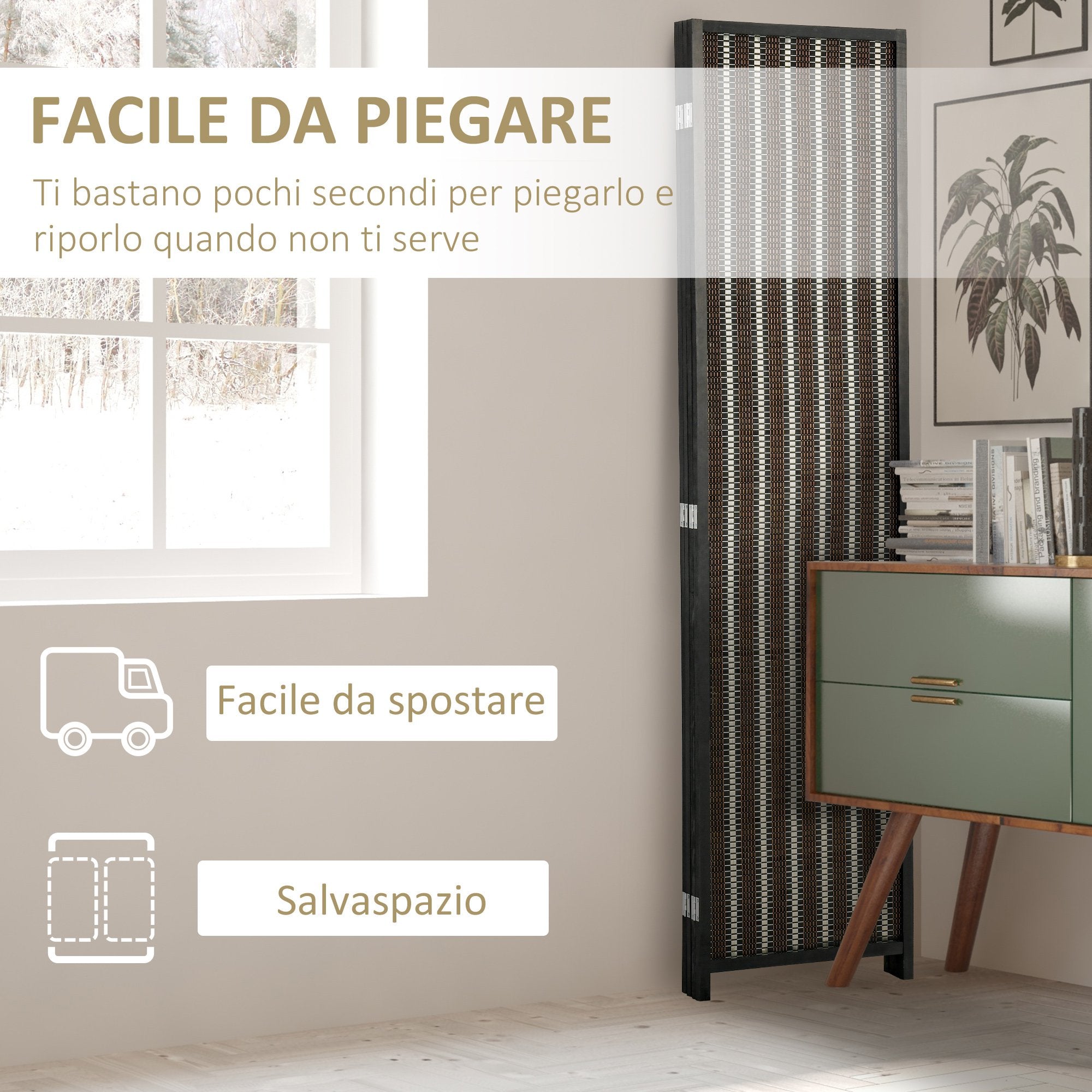 EasyComfort Separé Pieghevole a 4 Pannelli struttura in Legno e Bambù - Fantasia