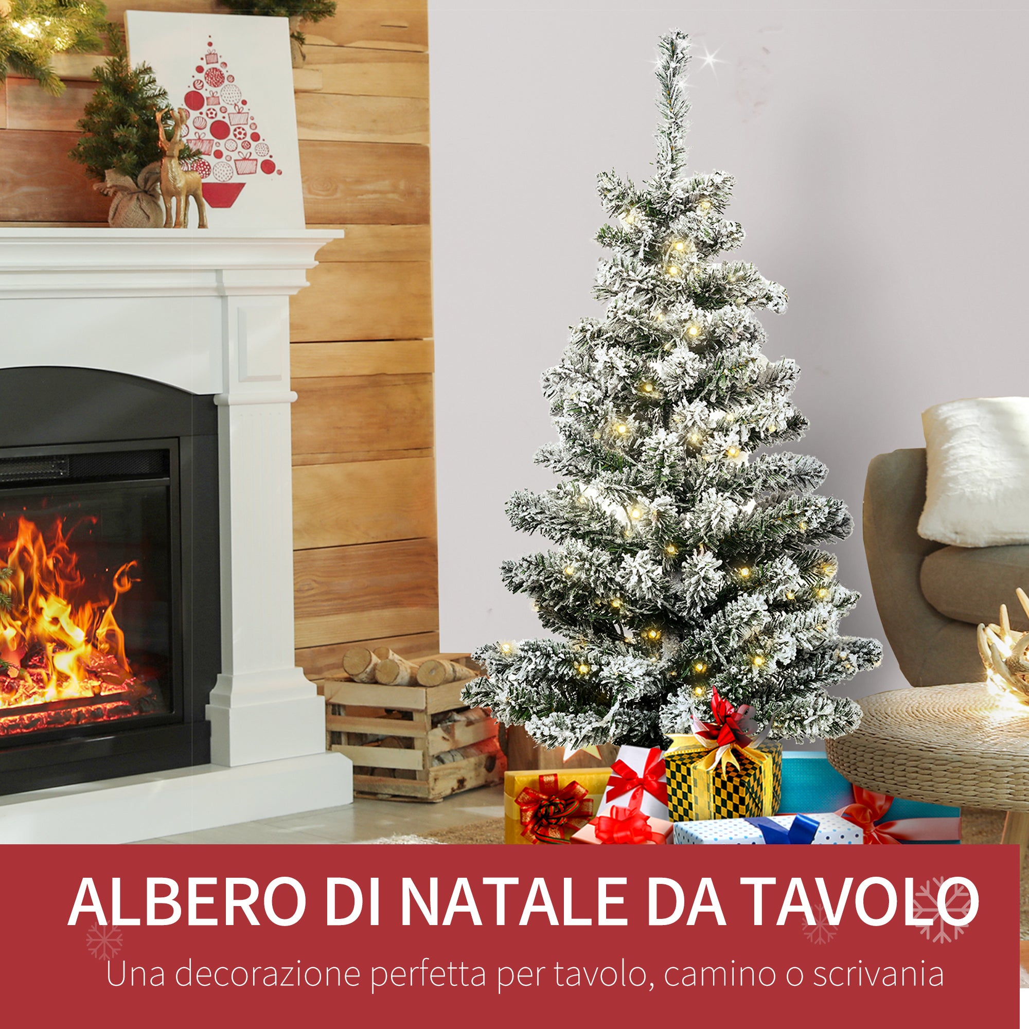 EasyComfort Albero di Natale Artificiale Innevato con 60 Luci LED Bianche e 116 Rami, Base con Vaso Rimovibile, Φ40x90cm, Verde