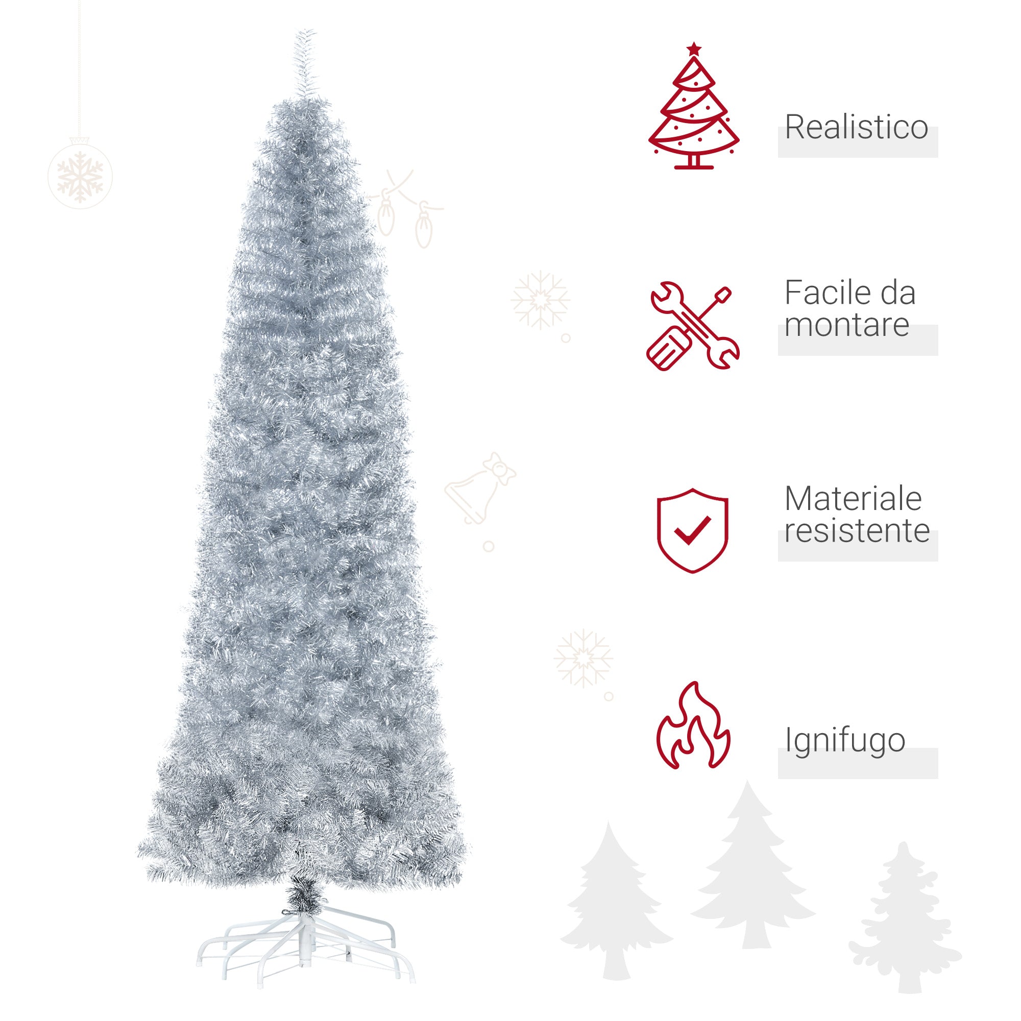 EasyComfort Albero di Natale Artificiale Alto 210cm con 818 Rami, Albero di Natale Slim con Base Rimovibile, in PET e Acciaio, Argento