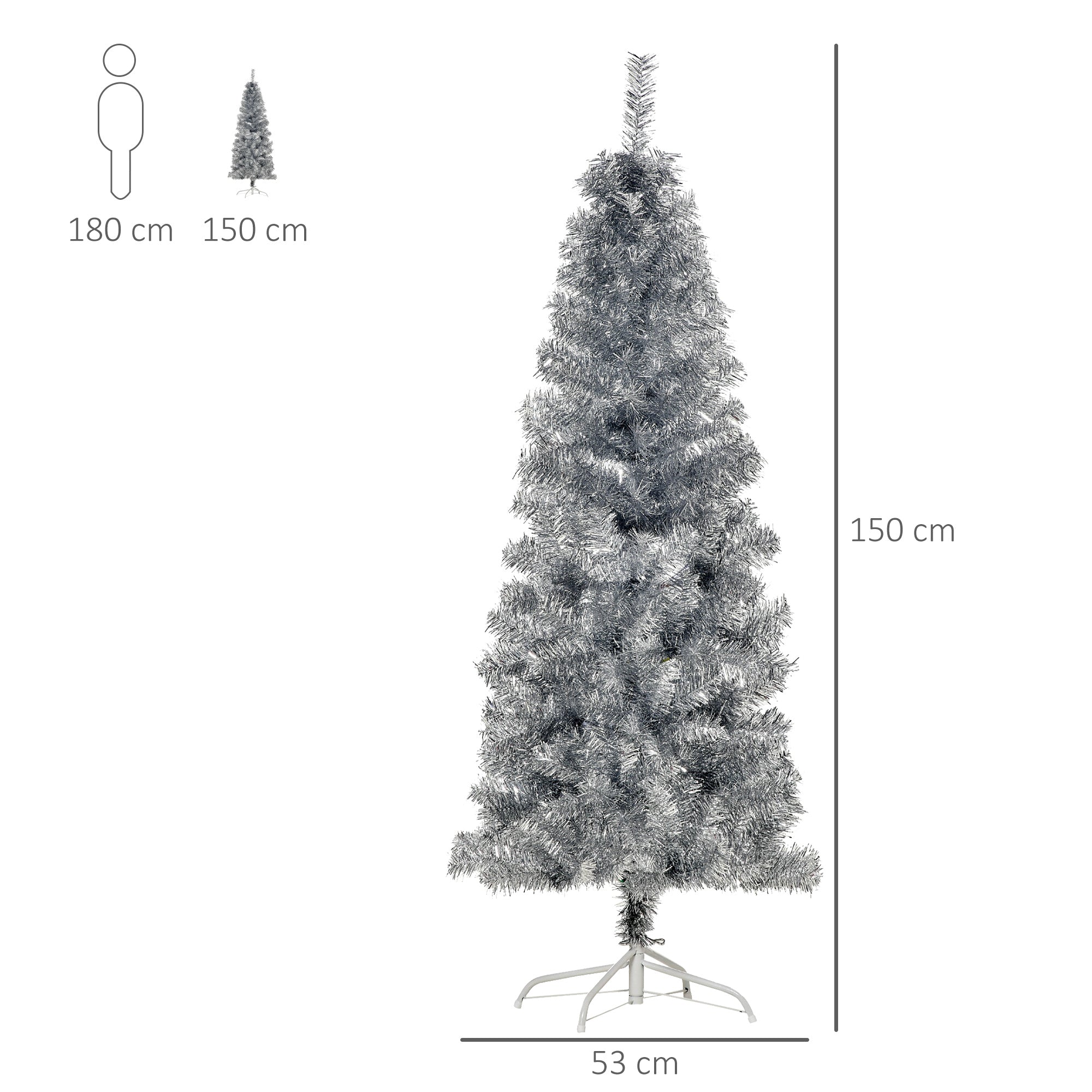 EasyComfort Albero di Natale Artificiale Alto 150cm con 408 Rami, Albero di Natale Slim con Base Rimovibile, in PET e Acciaio, Argento