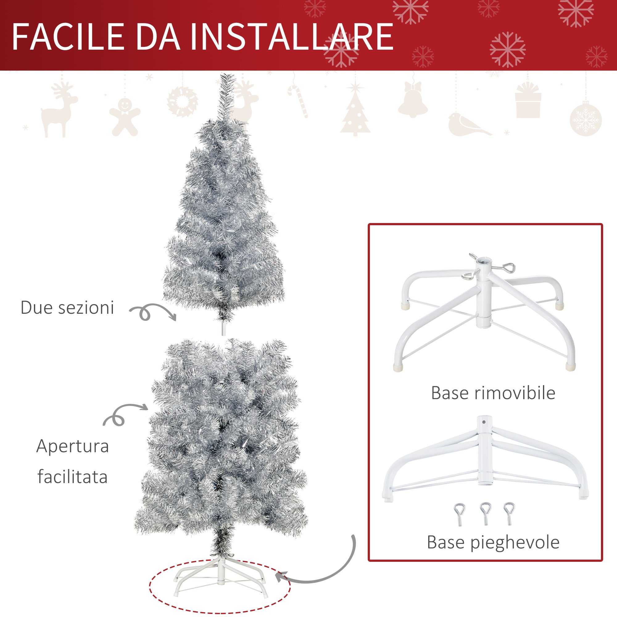 EasyComfort Albero di Natale Artificiale Alto 150cm con 408 Rami, Albero di Natale Slim con Base Rimovibile, in PET e Acciaio, Argento