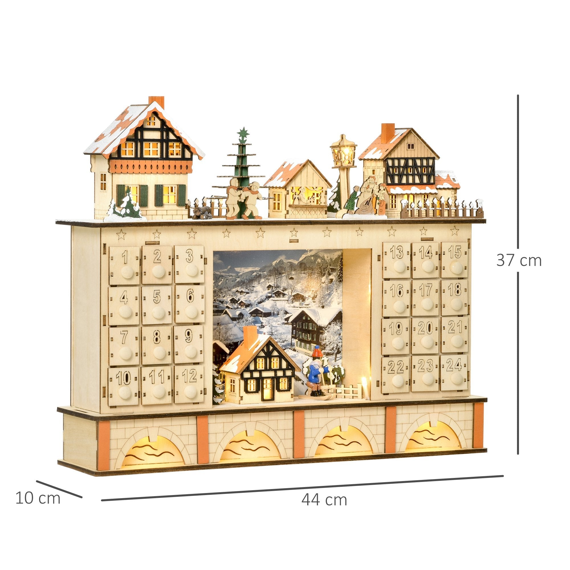 Calendario dell'Avvento  44x10x37 cm 24 Cassetti con Villaggio di Natale e Luci in Legno